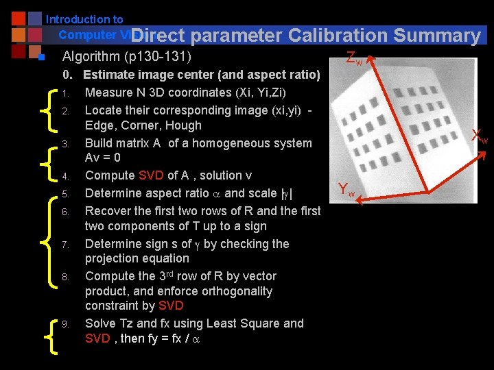 Introduction to Computer Vision Direct n parameter Calibration Summary Algorithm (p 130 -131) 0.