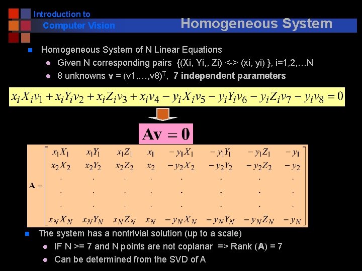 Introduction to Computer Vision n n Homogeneous System of N Linear Equations l Given