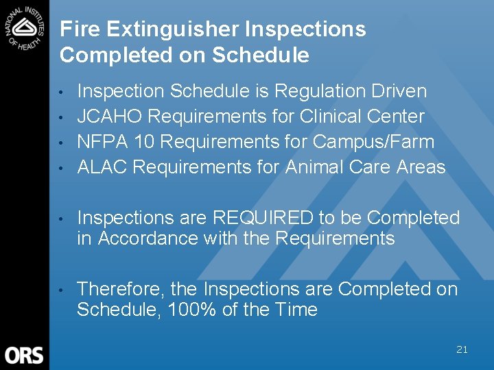 Fire Extinguisher Inspections Completed on Schedule • • Inspection Schedule is Regulation Driven JCAHO