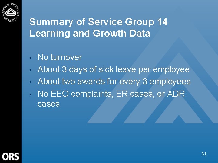 Summary of Service Group 14 Learning and Growth Data • • No turnover About