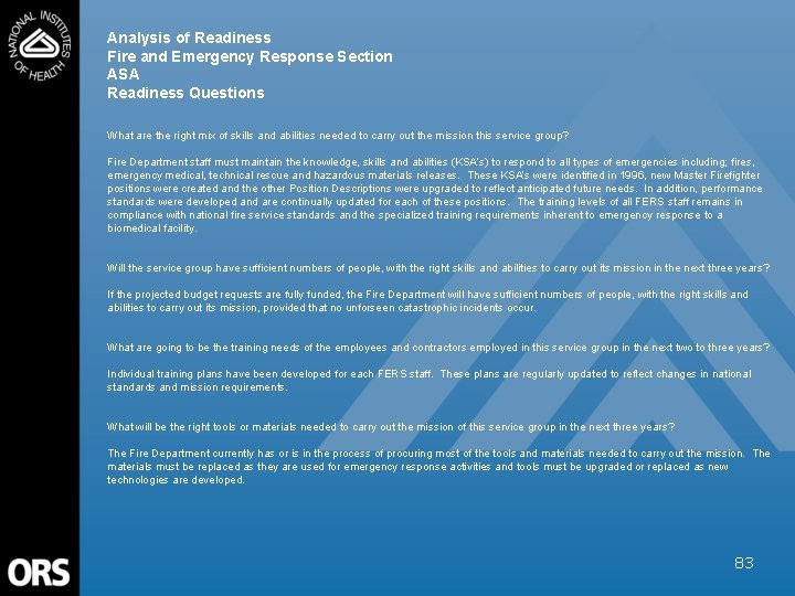Analysis of Readiness Fire and Emergency Response Section ASA Readiness Questions What are the