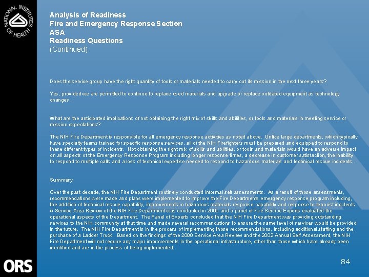 Analysis of Readiness Fire and Emergency Response Section ASA Readiness Questions (Continued) Does the