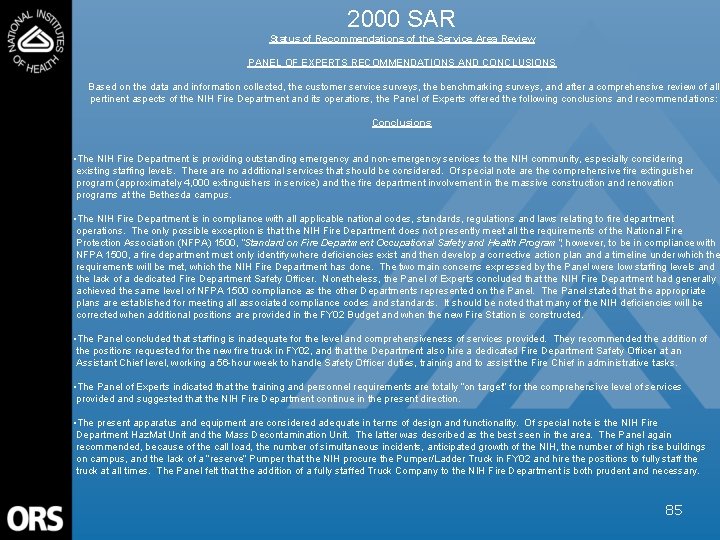 2000 SAR Status of Recommendations of the Service Area Review PANEL OF EXPERTS RECOMMENDATIONS