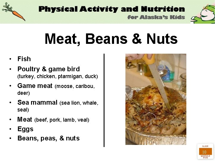 Meat, Beans & Nuts • Fish • Poultry & game bird (turkey, chicken, ptarmigan,