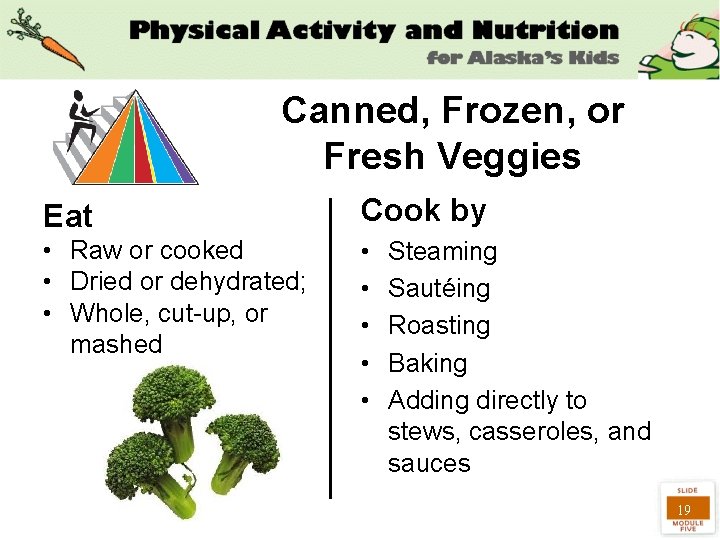 Canned, Frozen, or Fresh Veggies Eat Cook by • Raw or cooked • Dried