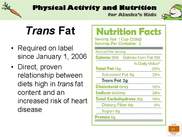 Trans Fat • Required on label since January 1, 2006 • Direct, proven relationship