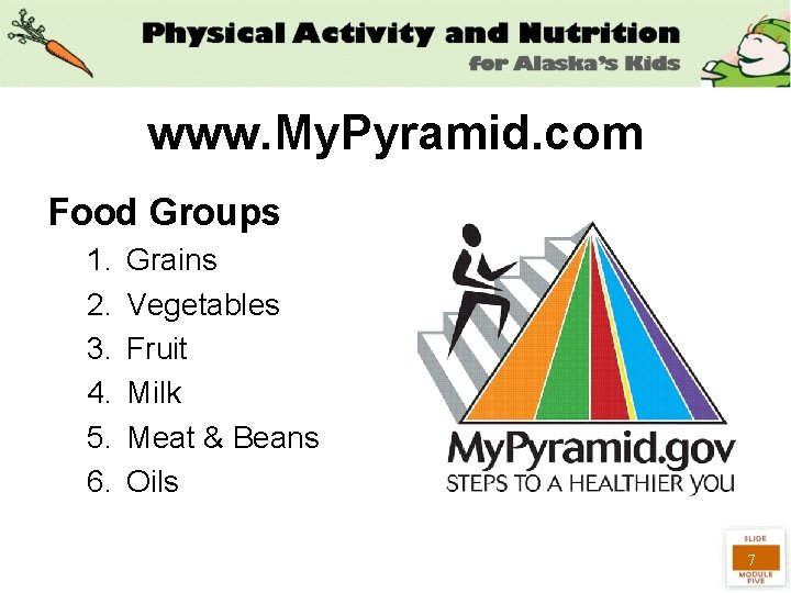 www. My. Pyramid. com Food Groups 1. 2. 3. 4. 5. 6. Grains Vegetables