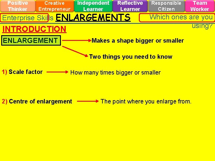 Positive Thinker Creative Entrepreneur Independent Learner Reflective Learner Enterprise Skills ENLARGEMENTS INTRODUCTION ENLARGEMENT Responsible