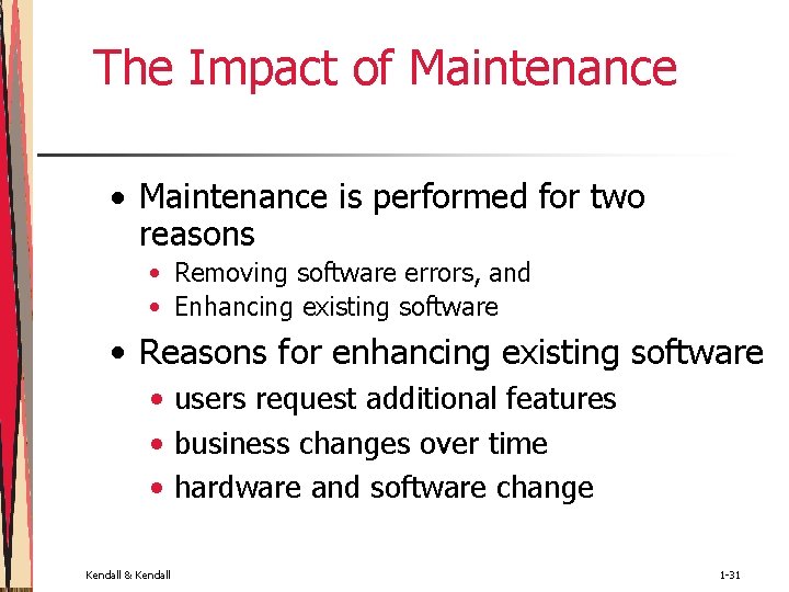 The Impact of Maintenance • Maintenance is performed for two reasons • Removing software