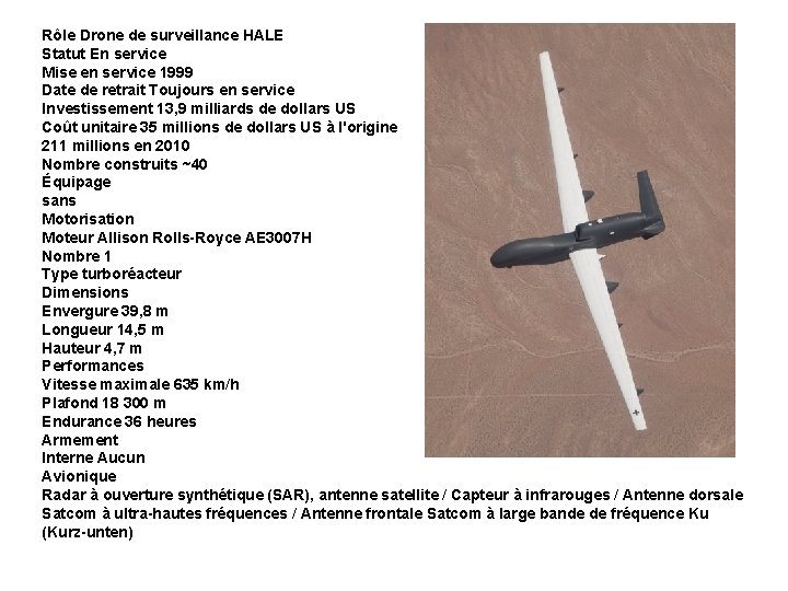 Rôle Drone de surveillance HALE Statut En service Mise en service 1999 Date de