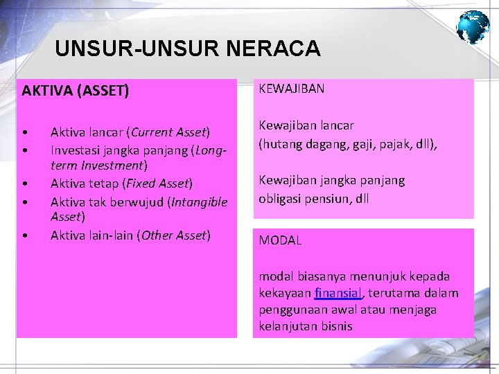 UNSUR-UNSUR NERACA AKTIVA (ASSET) KEWAJIBAN • • Kewajiban lancar (hutang dagang, gaji, pajak, dll),