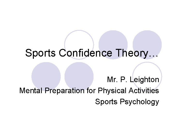 Sports Confidence Theory… Mr. P. Leighton Mental Preparation for Physical Activities Sports Psychology 