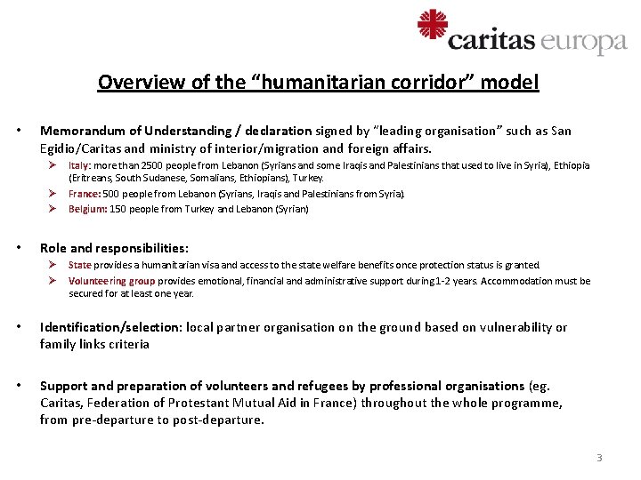 Overview of the “humanitarian corridor” model • Memorandum of Understanding / declaration signed by