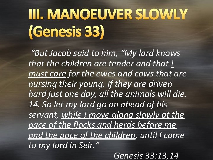 III. MANOEUVER SLOWLY (Genesis 33) “But Jacob said to him, “My lord knows that