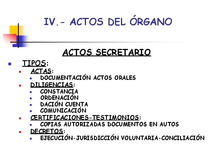 IV. - ACTOS DEL ÓRGANO ACTOS SECRETARIO TIPOS: n n ACTAS: n n DILIGENCIAS: IV. - ACTOS DEL ÓRGANO ACTOS SECRETARIO TIPOS: n n ACTAS: n n DILIGENCIAS: