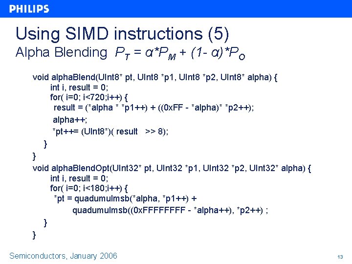 Using SIMD instructions (5) Alpha Blending PT = α*PM + (1 - α)*PO void