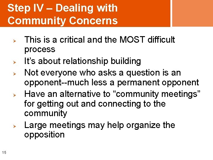 Step IV – Dealing with Community Concerns Ø Ø Ø 15 This is a