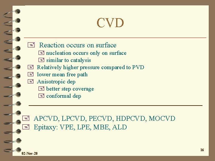 CVD + Reaction occurs on surface + nucleation occurs only on surface + similar CVD + Reaction occurs on surface + nucleation occurs only on surface + similar