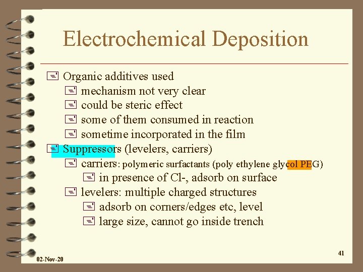 Electrochemical Deposition + Organic additives used + mechanism not very clear + could be Electrochemical Deposition + Organic additives used + mechanism not very clear + could be