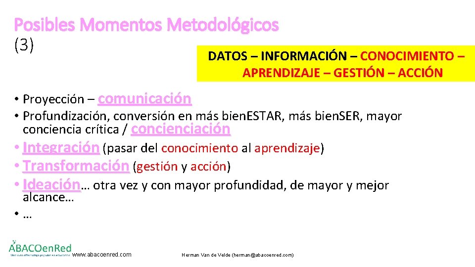 Posibles Momentos Metodológicos (3) DATOS – INFORMACIÓN – CONOCIMIENTO – APRENDIZAJE – GESTIÓN –