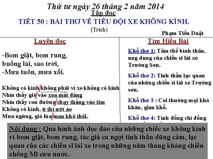 Thứ tư ngày 26 tháng 2 năm 2014 Tập đọc TIẾT 50 : BÀI