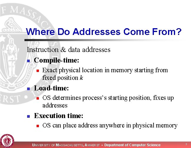 Where Do Addresses Come From? Instruction & data addresses n Compile-time: n n Load-time: Where Do Addresses Come From? Instruction & data addresses n Compile-time: n n Load-time:
