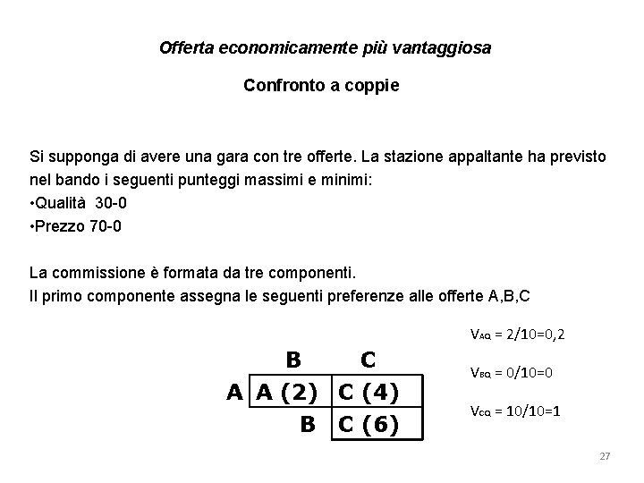 Offerta economicamente più vantaggiosa Confronto a coppie Si supponga di avere una gara con