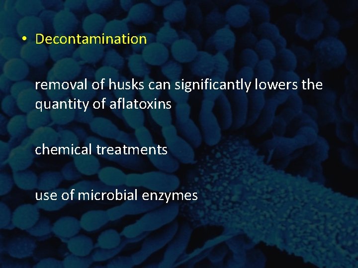 • Decontamination removal of husks can significantly lowers the quantity of aflatoxins chemical • Decontamination removal of husks can significantly lowers the quantity of aflatoxins chemical