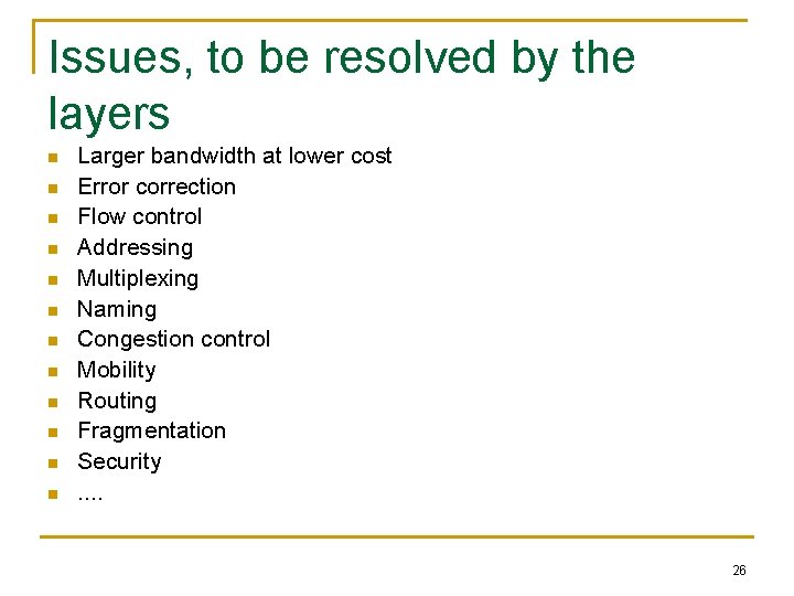 Issues, to be resolved by the layers n n n Larger bandwidth at lower