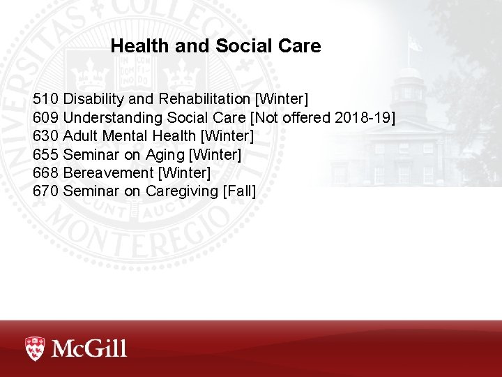 Health and Social Care 510 Disability and Rehabilitation [Winter] 609 Understanding Social Care [Not