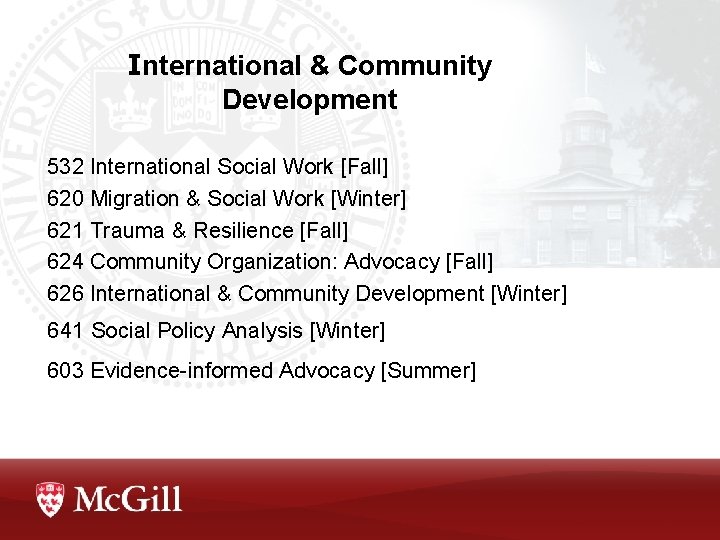 International & Community Development 532 International Social Work [Fall] 620 Migration & Social Work