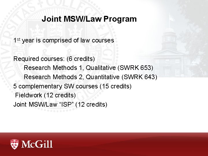 Joint MSW/Law Program 1 st year is comprised of law courses Required courses: (6 Joint MSW/Law Program 1 st year is comprised of law courses Required courses: (6