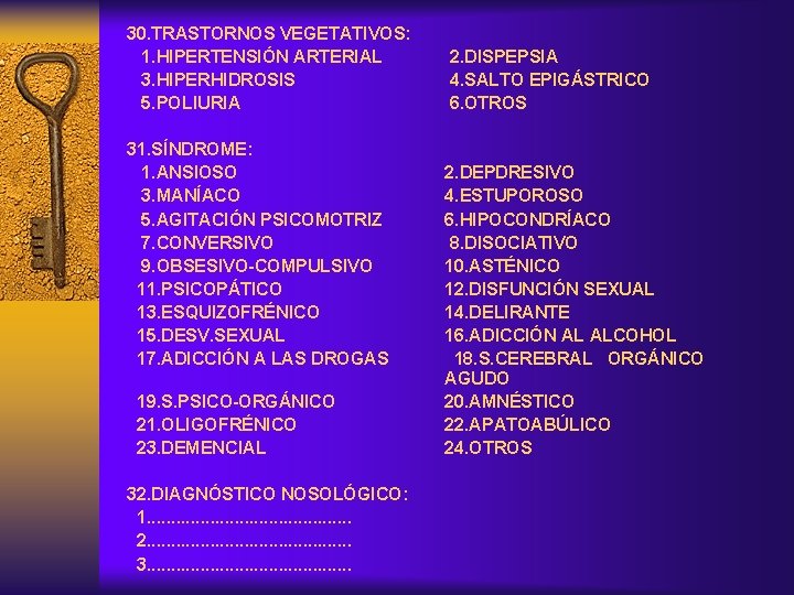 30. TRASTORNOS VEGETATIVOS: 1. HIPERTENSIÓN ARTERIAL 3. HIPERHIDROSIS 5. POLIURIA 31. SÍNDROME: 1. ANSIOSO