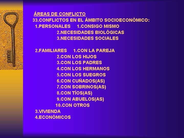  ÁREAS DE CONFLICTO 33. CONFLICTOS EN EL ÁMBITO SOCIOECONÓMICO: 1. PERSONALES 1. CONSIGO