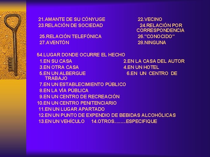  21. AMANTE DE SU CÓNYUGE 23. RELACIÓN DE SOCIEDAD 22. VECINO 24. RELACIÓN