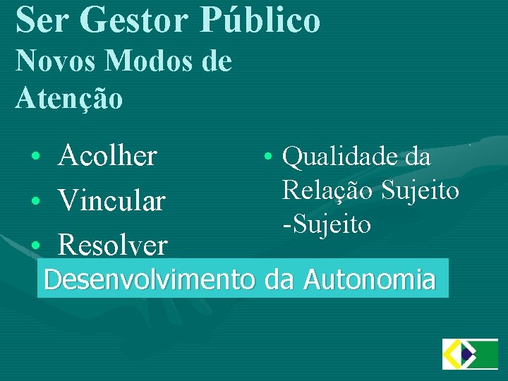 Ser Gestor Público Novos Modos de Atenção • • • Acolher Vincular Resolver •