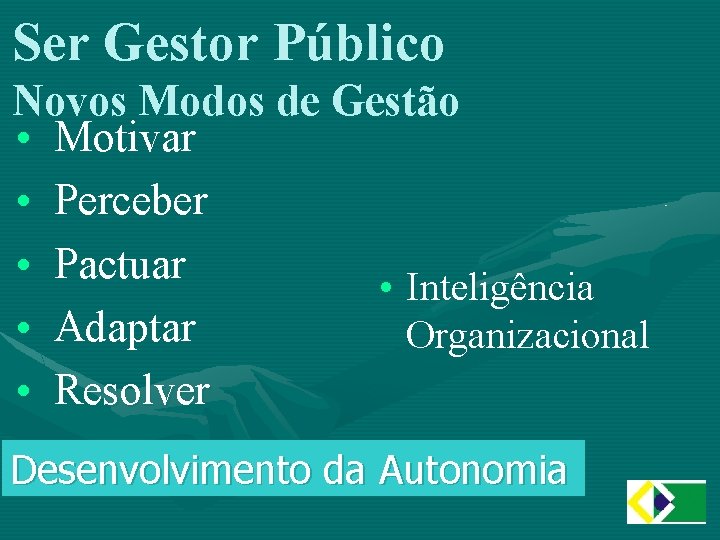 Ser Gestor Público Novos Modos de Gestão • Motivar • Perceber • Pactuar •