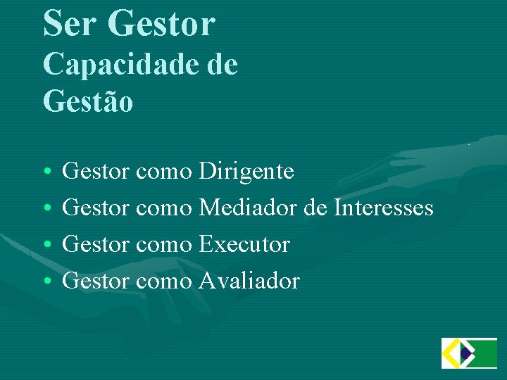 Ser Gestor Capacidade de Gestão • • Gestor como Dirigente Gestor como Mediador de