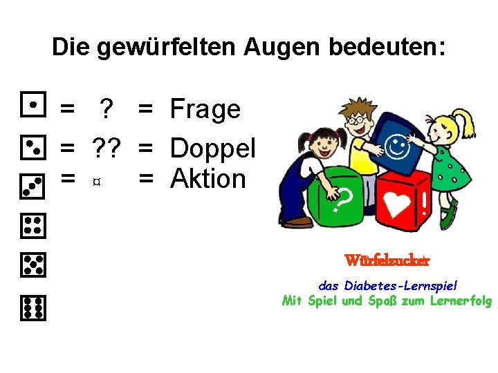 Die gewürfelten Augen bedeuten: • = ? = Frage • = ? ? =