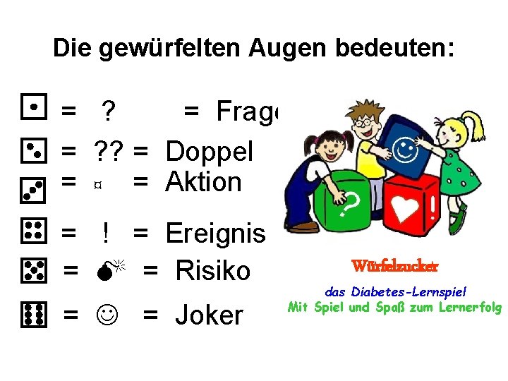 Die gewürfelten Augen bedeuten: • = ? = Frage • = ? ? =