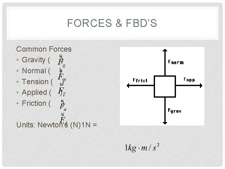 FORCES & FBD’S Common Forces • Gravity ( ) • Normal ( ) •