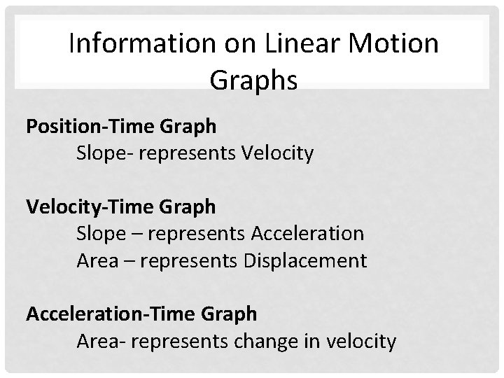 Information on Linear Motion Graphs Position-Time Graph Slope- represents Velocity-Time Graph Slope – represents
