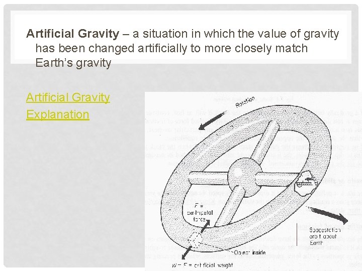 Artificial Gravity – a situation in which the value of gravity has been changed