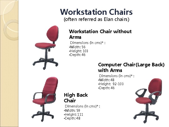 Workstation Chairs (often referred as Elan chairs) Workstation Chair without Arms Dimensions (in cms)*
