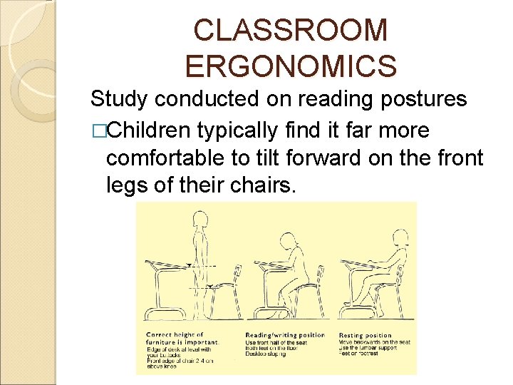 CLASSROOM ERGONOMICS Study conducted on reading postures �Children typically find it far more comfortable