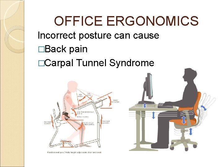 OFFICE ERGONOMICS Incorrect posture can cause �Back pain �Carpal Tunnel Syndrome 