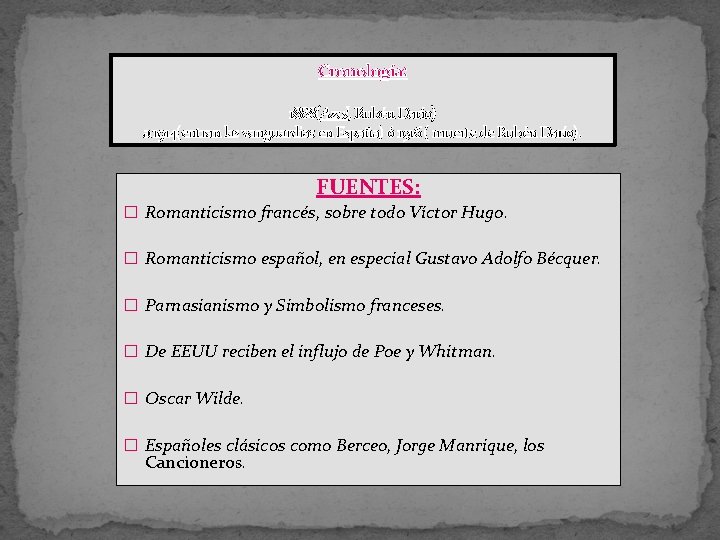Cronología: 1888(Azul, Rubén Darío) a 1914(entran las vanguardias en España) ó 1916 ( muerte