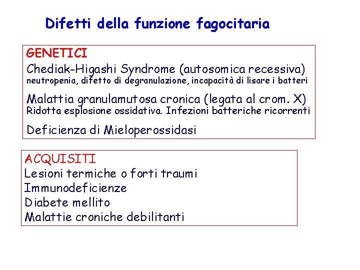 Difetti della funzione fagocitaria GENETICI Chediak-Higashi Syndrome (autosomica recessiva) neutropenia, difetto di degranulazione, incapacità