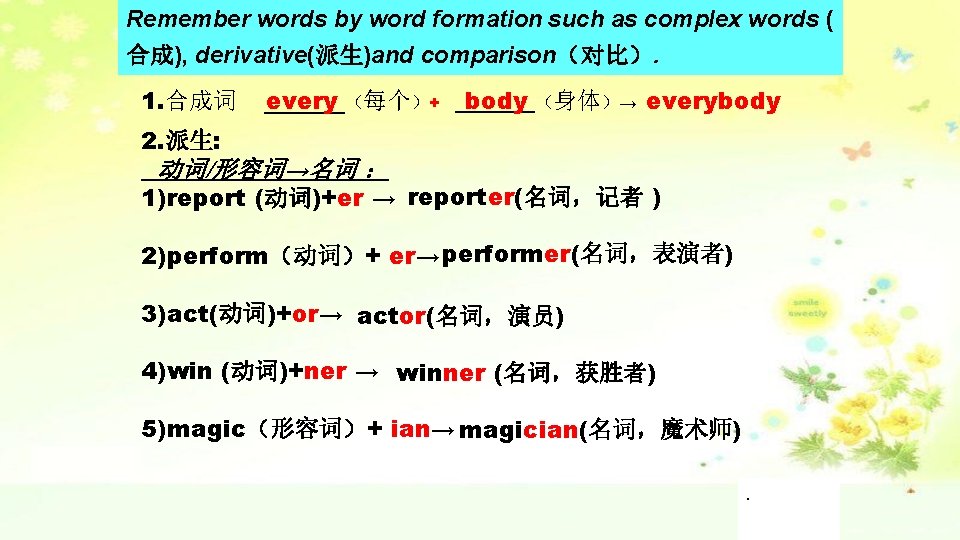 Remember words by word formation such as complex words ( 合成), derivative(派生)and comparison（对比）. 1.