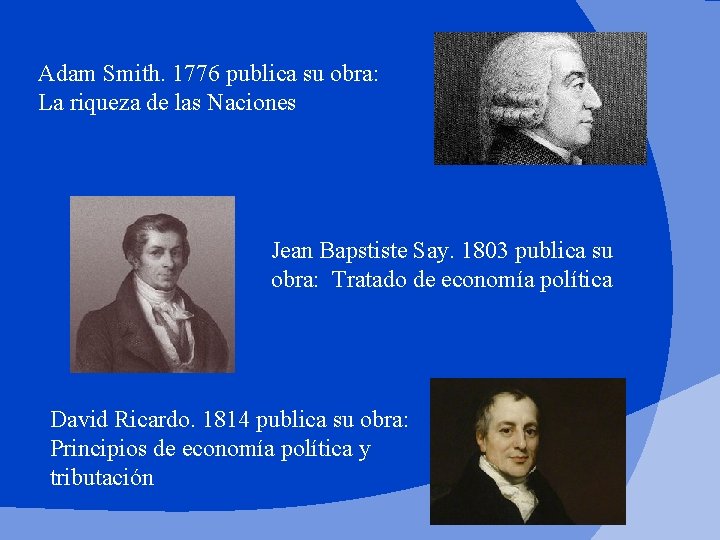 Adam Smith. 1776 publica su obra: La riqueza de las Naciones Jean Bapstiste Say.